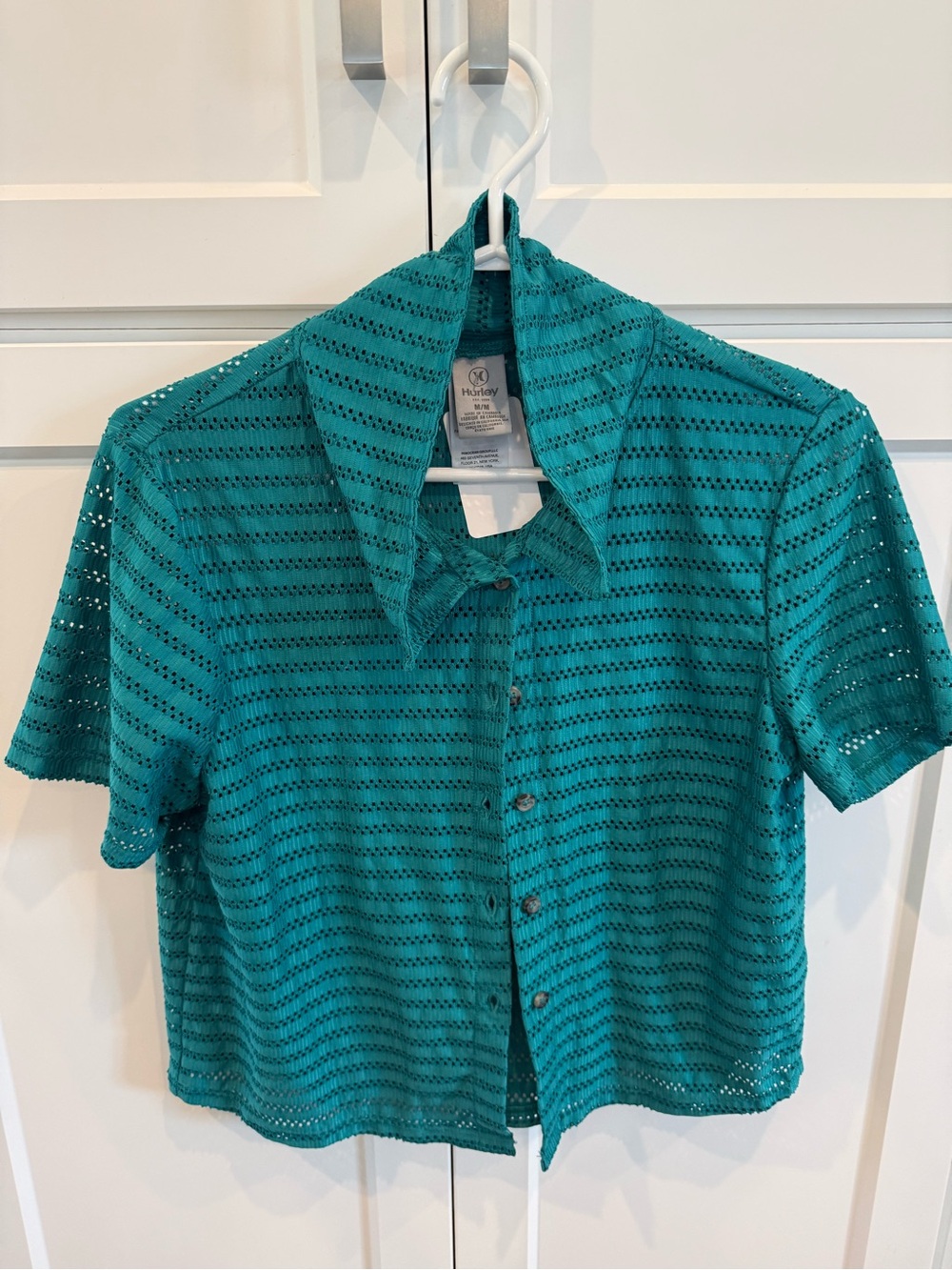 Teal Button-Up Short Sleeve swimsuit coverup Top